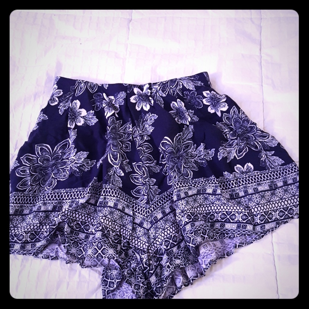 Bohemian blue and white flowy shorts
